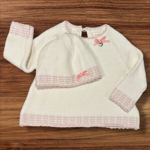 Rachel Ashwell Baby Girl Sweater & Hat Set 3–6M Cream Pink Knit Bow Heart Detail